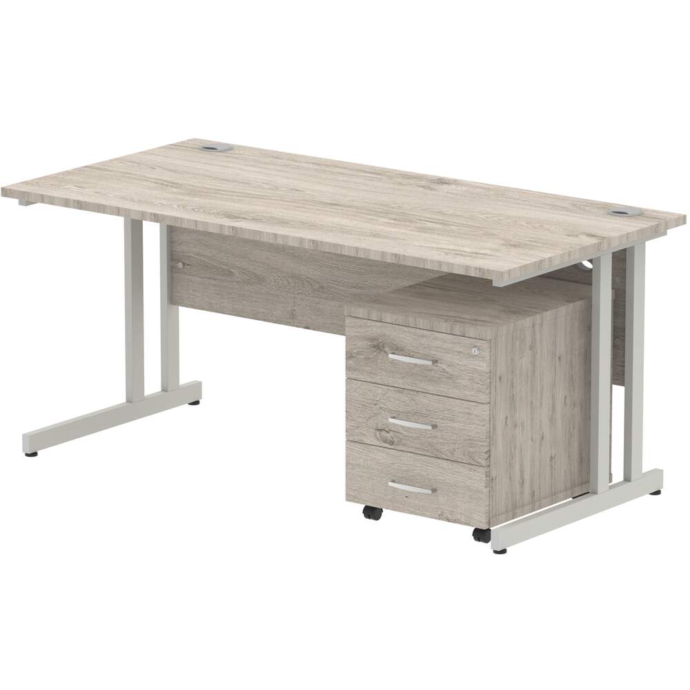 Impulse 1600 x 800mm Straight Desk Grey Oak Top Silver Cantilever Leg with 3 Drawer Mobile Pedestal