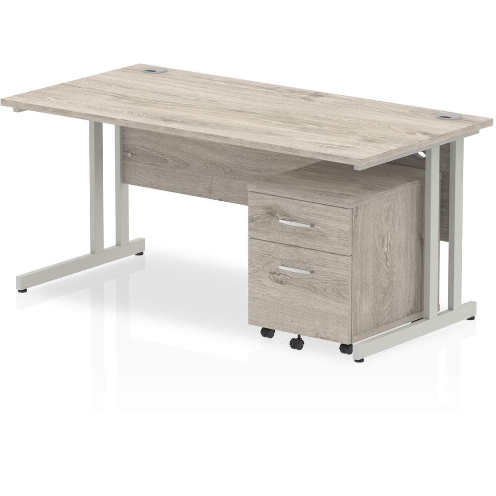 Impulse 1600 x 800mm Straight Desk Grey Oak Top Silver Cantilever Leg with 2 Drawer Mobile Pedestal