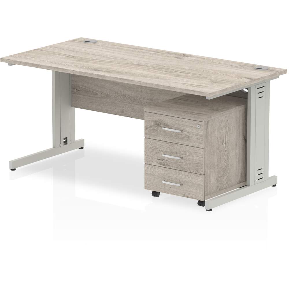 Impulse 1600 x 800mm Straight Desk Grey Oak Top Silver Cable Managed Leg with 3 Drawer Mobile Pedestal
