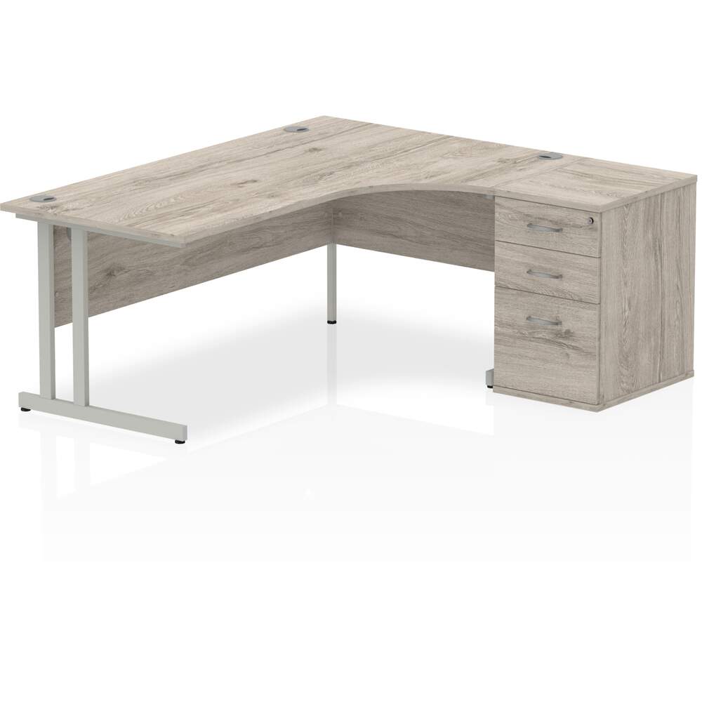 Impulse 1800mm Right Crescent Desk Grey Oak Top Silver Cantilever Leg Workstation 600 Deep Desk High Pedestal Bundle