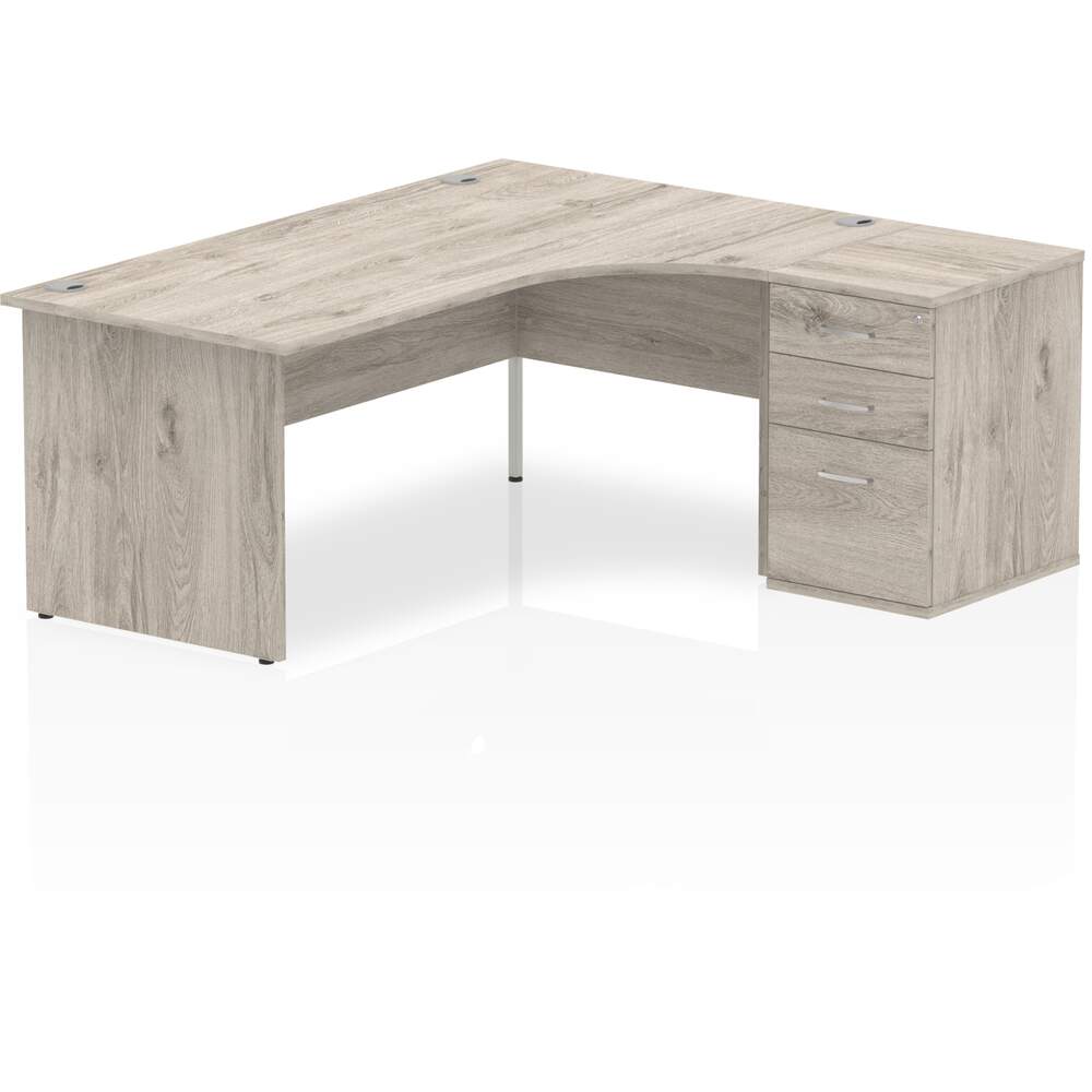 Impulse 1800mm Right Crescent Desk Grey Oak Top Panel End Leg Workstation 600 Deep Desk High Pedestal Bundle