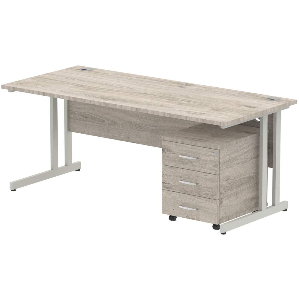 Impulse 1800 x 800mm Straight Desk Grey Oak Top Silver Cantilever Leg with 3 Drawer Mobile Pedestal