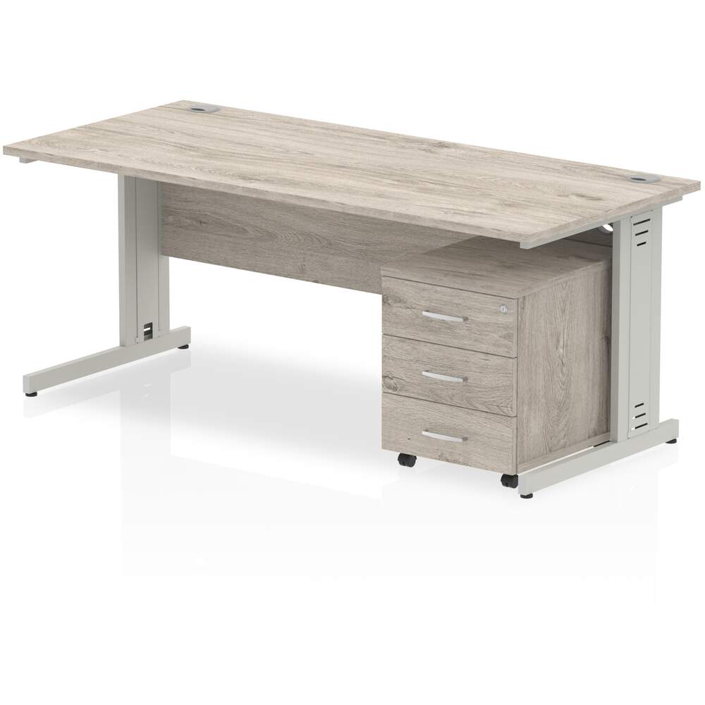 Impulse 1800 x 800mm Straight Desk Grey Oak Top Silver Cable Managed Leg with 3 Drawer Mobile Pedestal