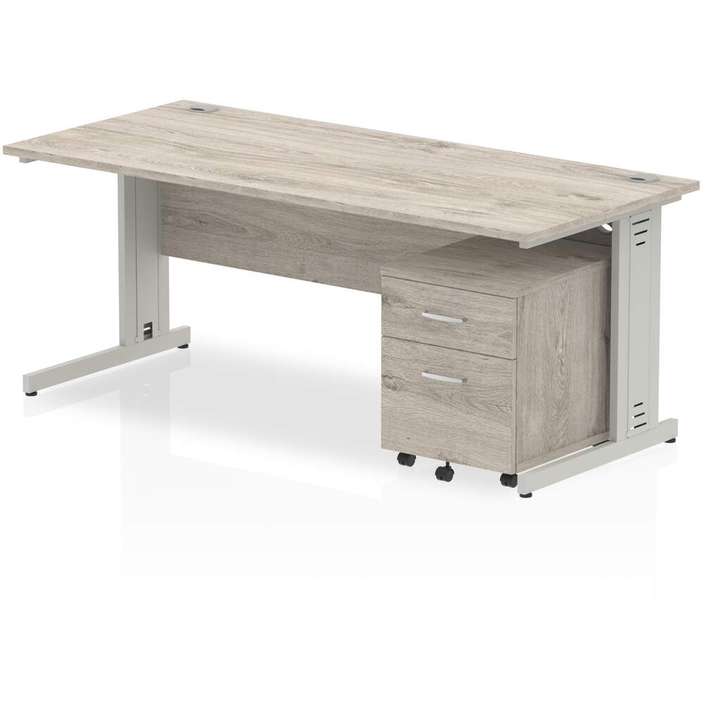 Impulse 1800 x 800mm Straight Desk Grey Oak Top Silver Cable Managed Leg with 2 Drawer Mobile Pedestal