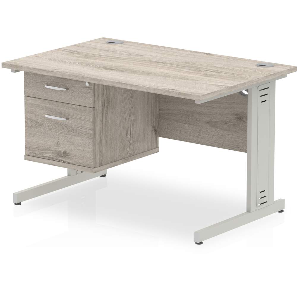 Impulse 1200 x 800mm Straight Desk Grey Oak Top Silver Cable Managed Leg with 1 x 2 Drawer Fixed Pedestal