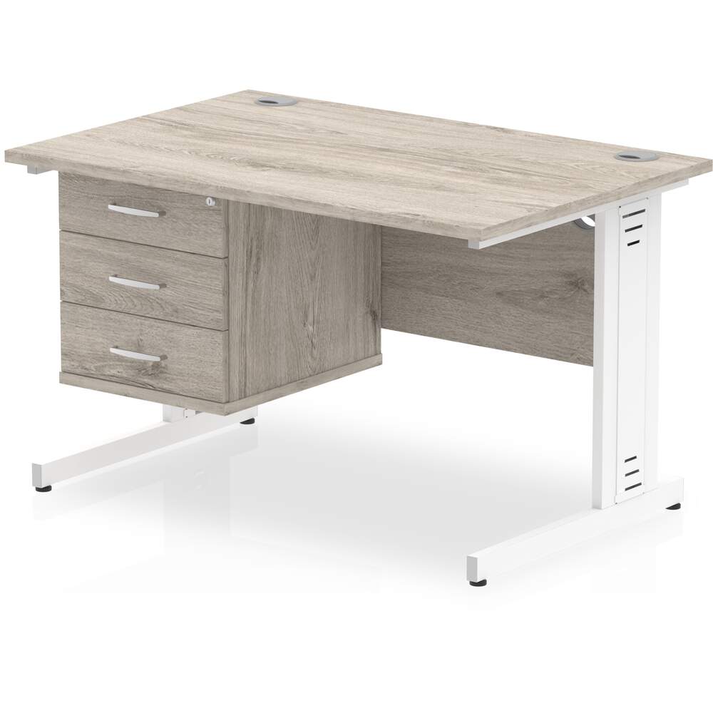 Impulse 1200 x 800mm Straight Desk Grey Oak Top White Cable Managed Leg with 1 x 3 Drawer Fixed Pedestal