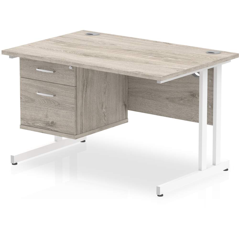 Impulse 1200 x 800mm Straight Desk Grey Oak Top White Cantilever Leg with 1 x 2 Drawer Fixed Pedestal