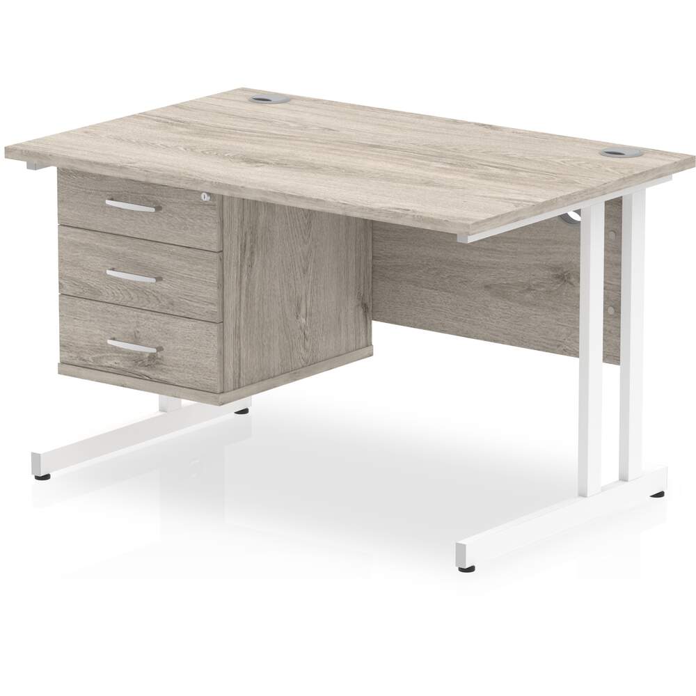 Impulse 1200 x 800mm Straight Desk Grey Oak Top White Cantilever Leg with 1 x 3 Drawer Fixed Pedestal
