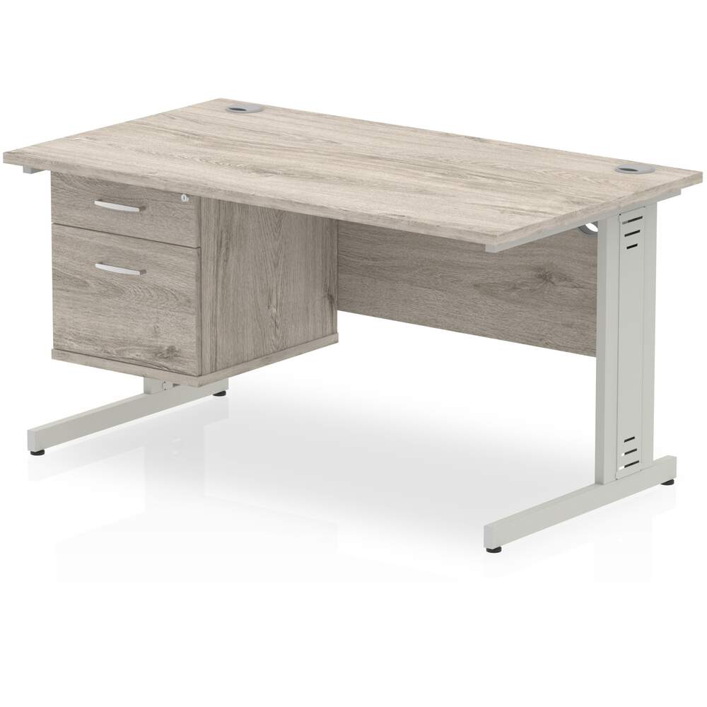 Impulse 1400 x 800mm Straight Desk Grey Oak Top Silver Cable Managed Leg with 1 x 2 Drawer Fixed Pedestal
