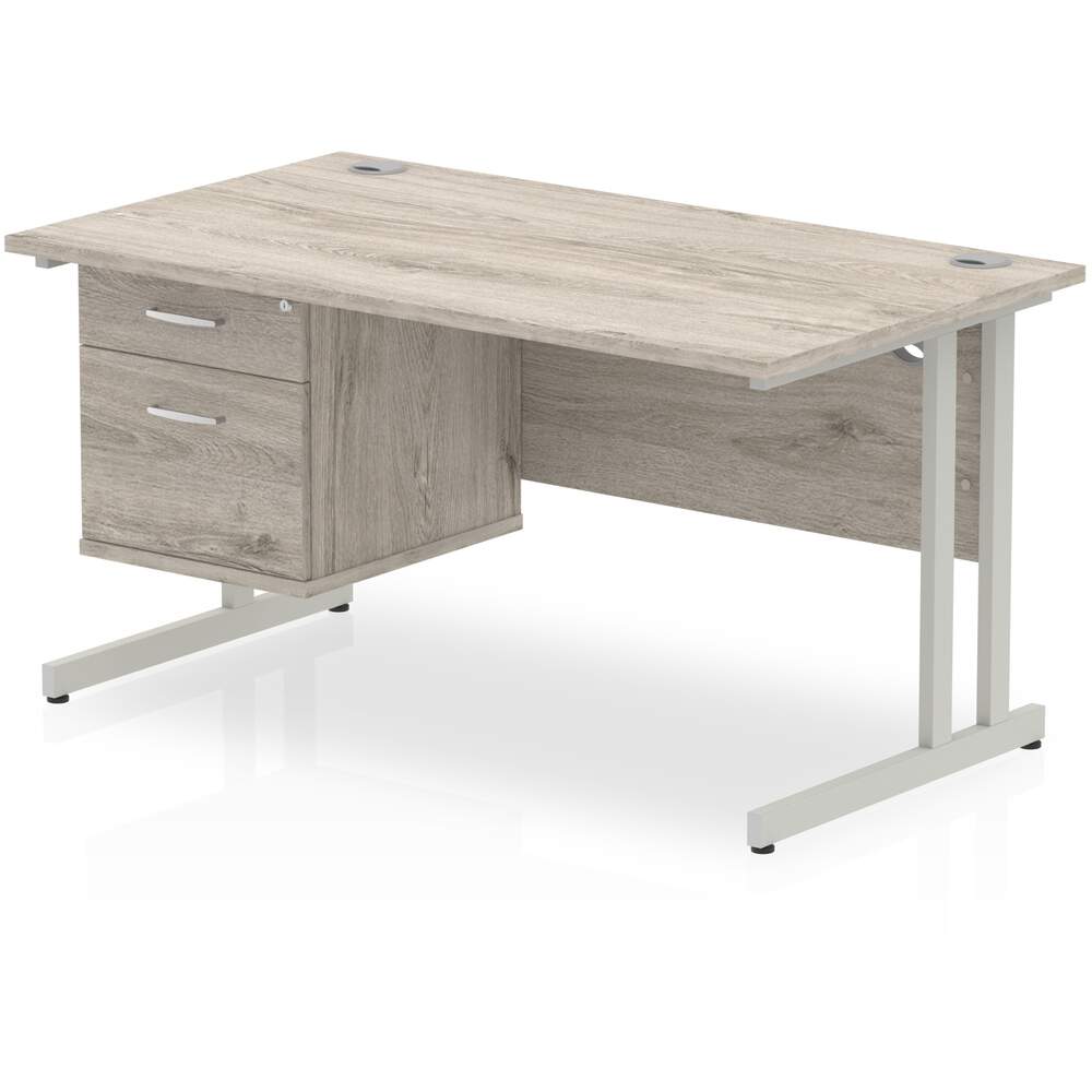 Impulse 1400 x 800mm Straight Desk Grey Oak Top Silver Cantilever Leg with 1 x 2 Drawer Fixed Pedestal