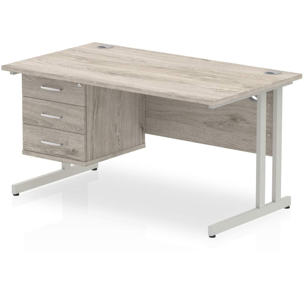 Impulse 1400 x 800mm Straight Desk Grey Oak Top Silver Cantilever Leg with 1 x 3 Drawer Fixed Pedestal