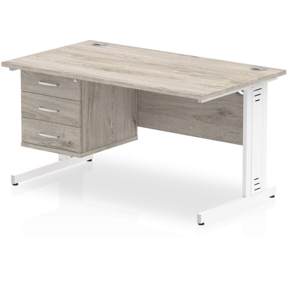 Impulse 1400 x 800mm Straight Desk Grey Oak Top White Cable Managed Leg with 1 x 3 Drawer Fixed Pedestal