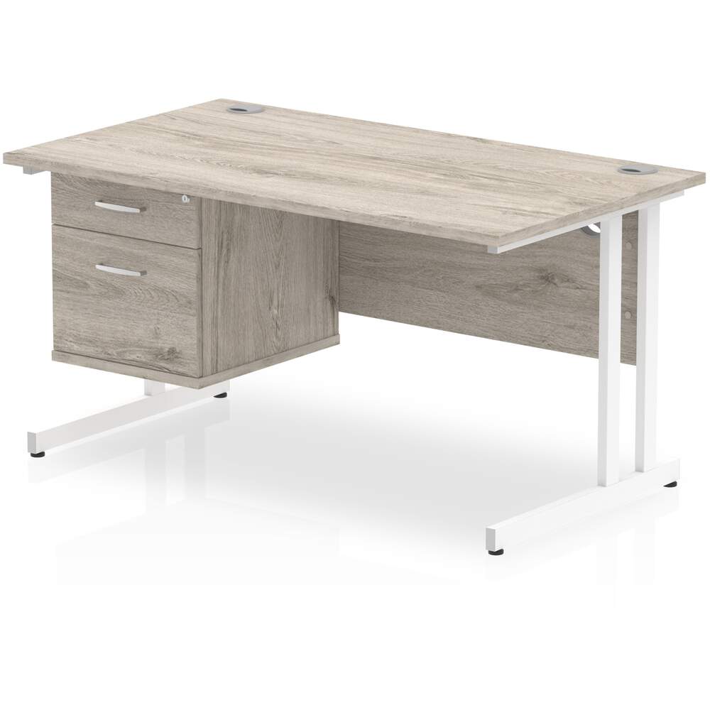 Impulse 1400 x 800mm Straight Desk Grey Oak Top White Cantilever Leg with 1 x 2 Drawer Fixed Pedestal