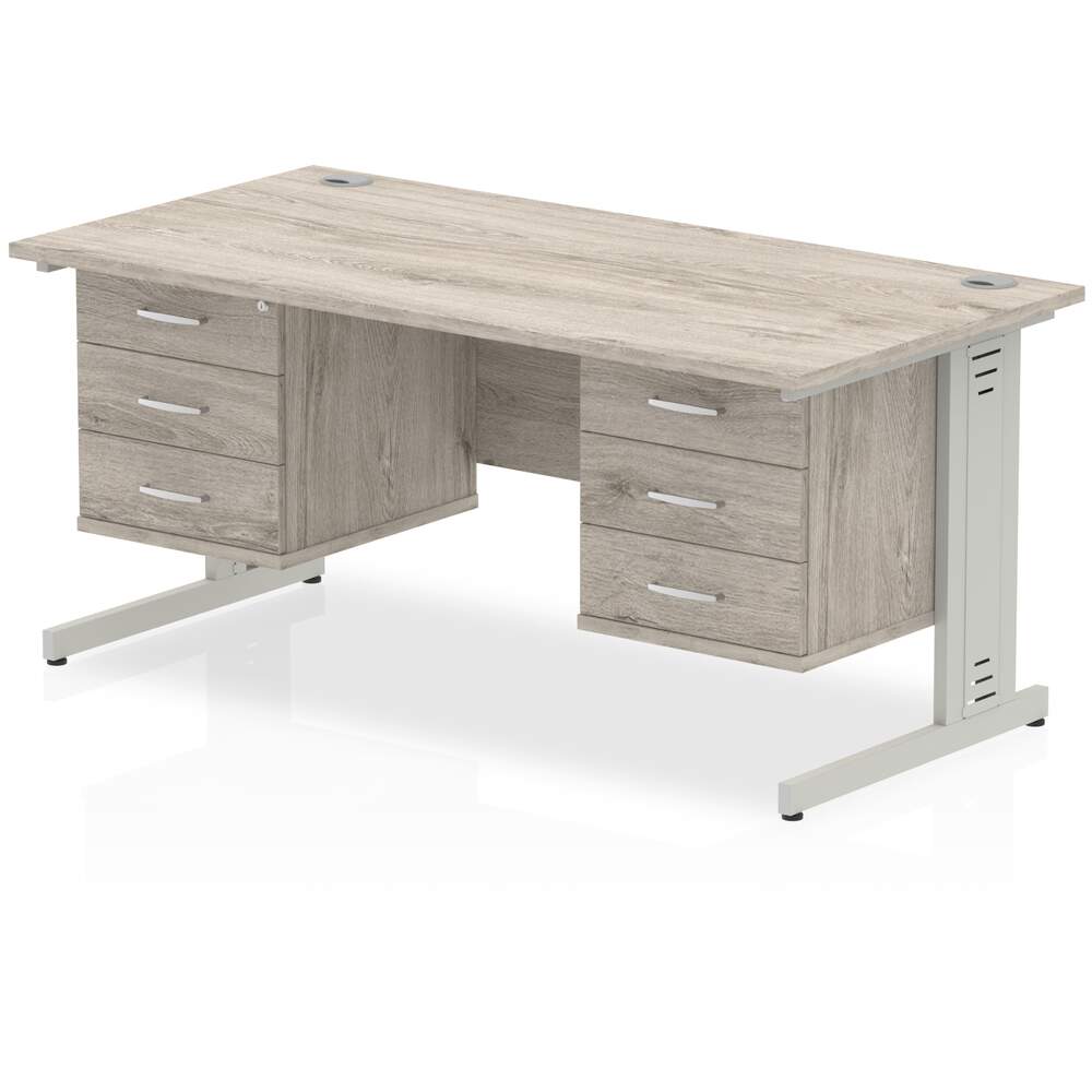 Impulse 1600 x 800mm Straight Desk Grey Oak Top Silver Cable Managed Leg 2 x 3 Drawer Fixed Pedestal