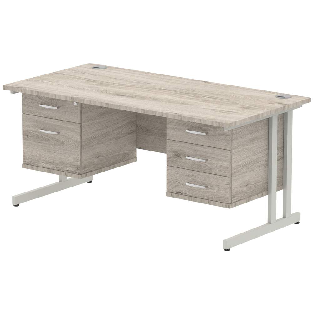 Impulse 1600 x 800mm Straight Desk Grey Oak Top Silver Cantilever Leg 1 x 2 Drawer 1 x 3 Drawer Fixed Pedestal