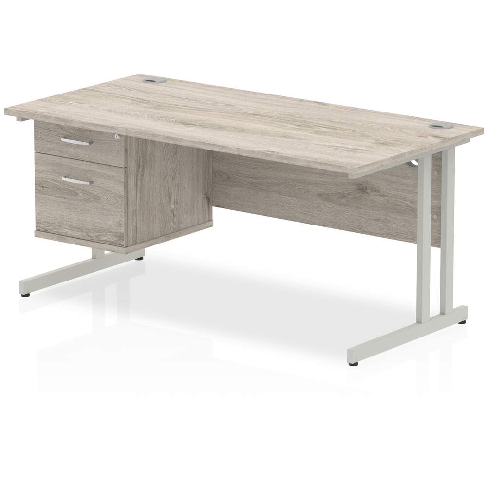 Impulse 1600 x 800mm Straight Desk Grey Oak Top Silver Cantilever Leg 1 x 2 Drawer Fixed Pedestal