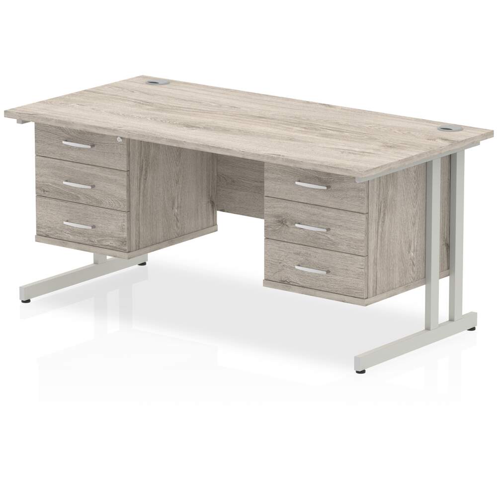 Impulse 1600 x 800mm Straight Desk Grey Oak Top Silver Cantilever Leg 2 x 3 Drawer Fixed Pedestal