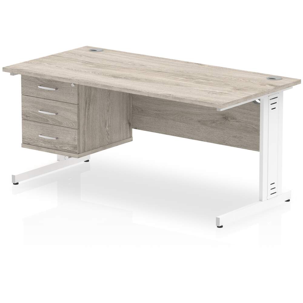 Impulse 1600 x 800mm Straight Desk Grey Oak Top White Cable Managed Leg 1 x 3 Drawer Fixed Pedestal
