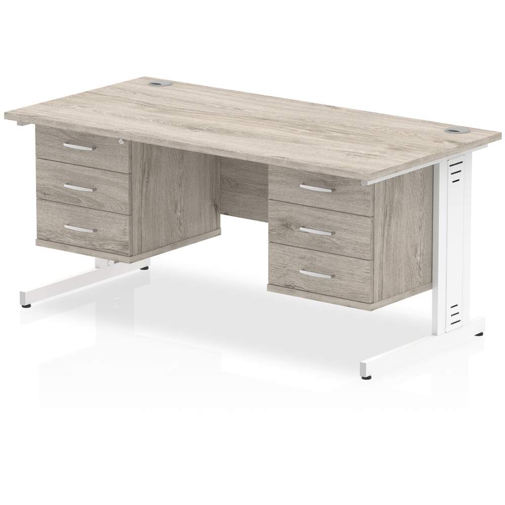 Impulse 1600 x 800mm Straight Desk Grey Oak Top White Cable Managed Leg 2 x 3 Drawer Fixed Pedestal