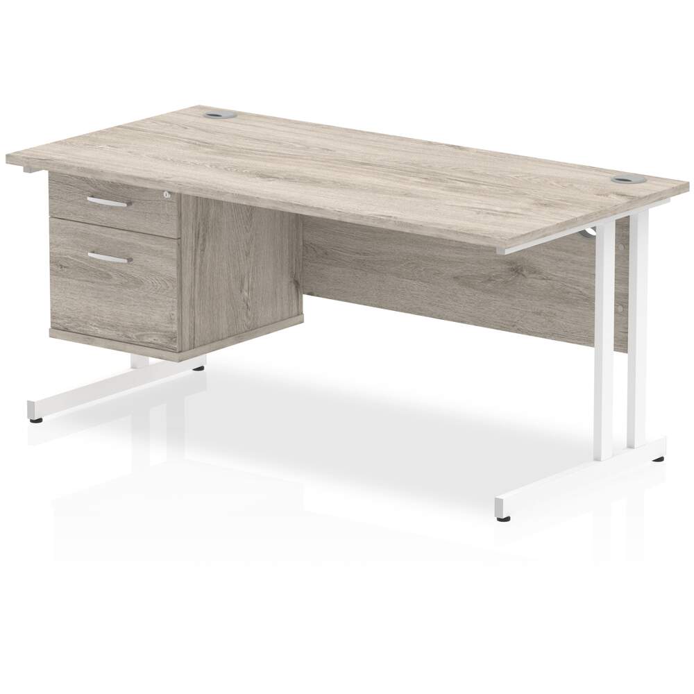 Impulse 1600 x 800mm Straight Desk Grey Oak Top White Cantilever Leg 1 x 2 Drawer Fixed Pedestal