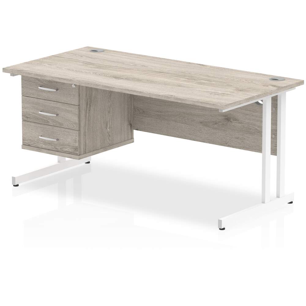 Impulse 1600 x 800mm Straight Desk Grey Oak Top White Cantilever Leg 1 x 3 Drawer Fixed Pedestal
