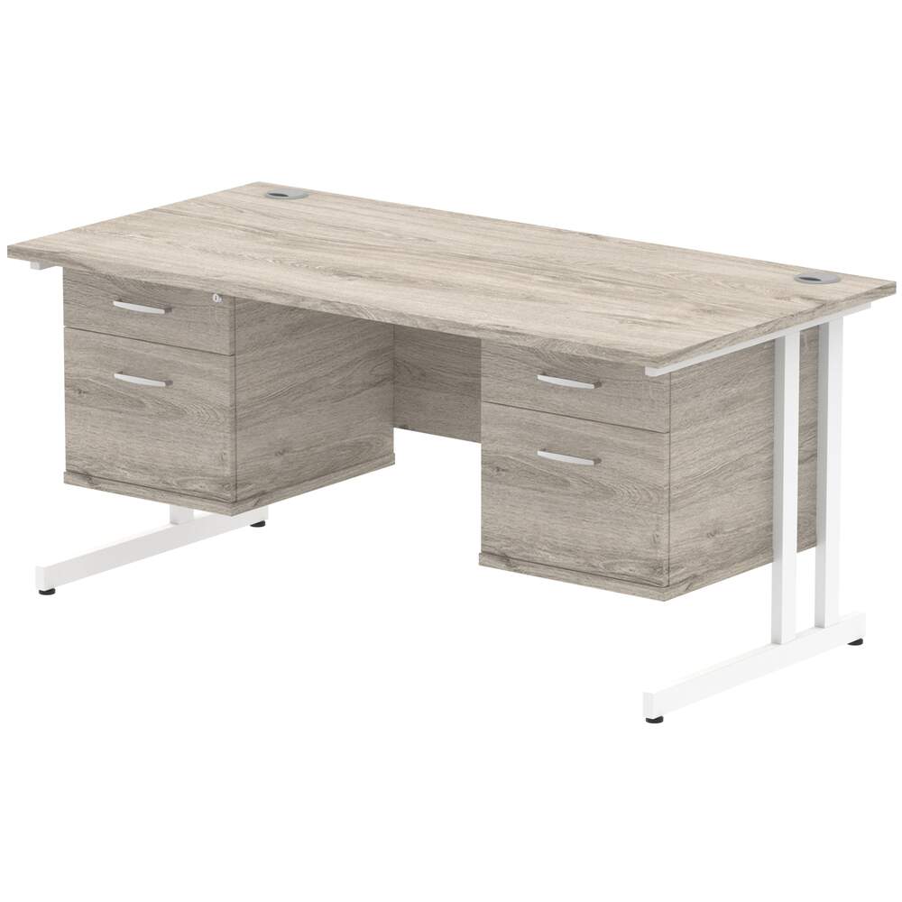 Impulse 1600 x 800mm Straight Desk Grey Oak Top White Cantilever Leg 2 x 2 Drawer Fixed Pedestal