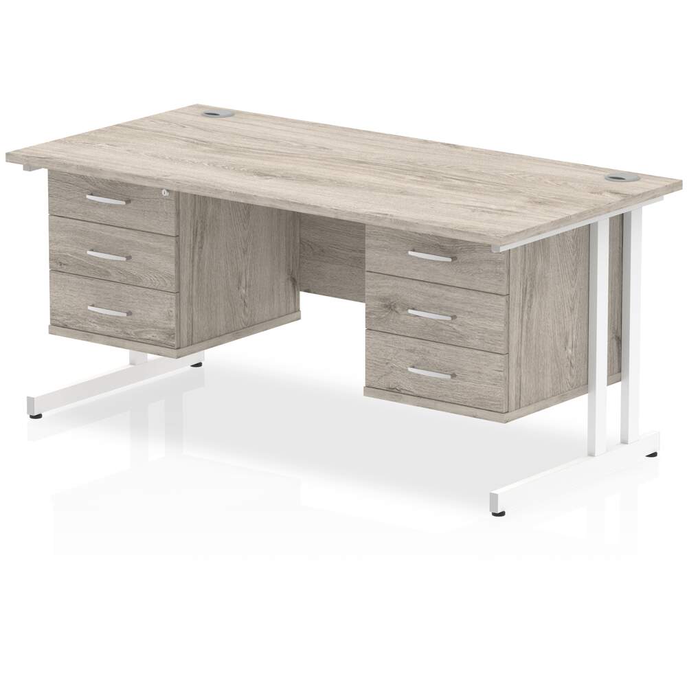 Impulse 1600 x 800mm Straight Desk Grey Oak Top White Cantilever Leg 2 x 3 Drawer Fixed Pedestal