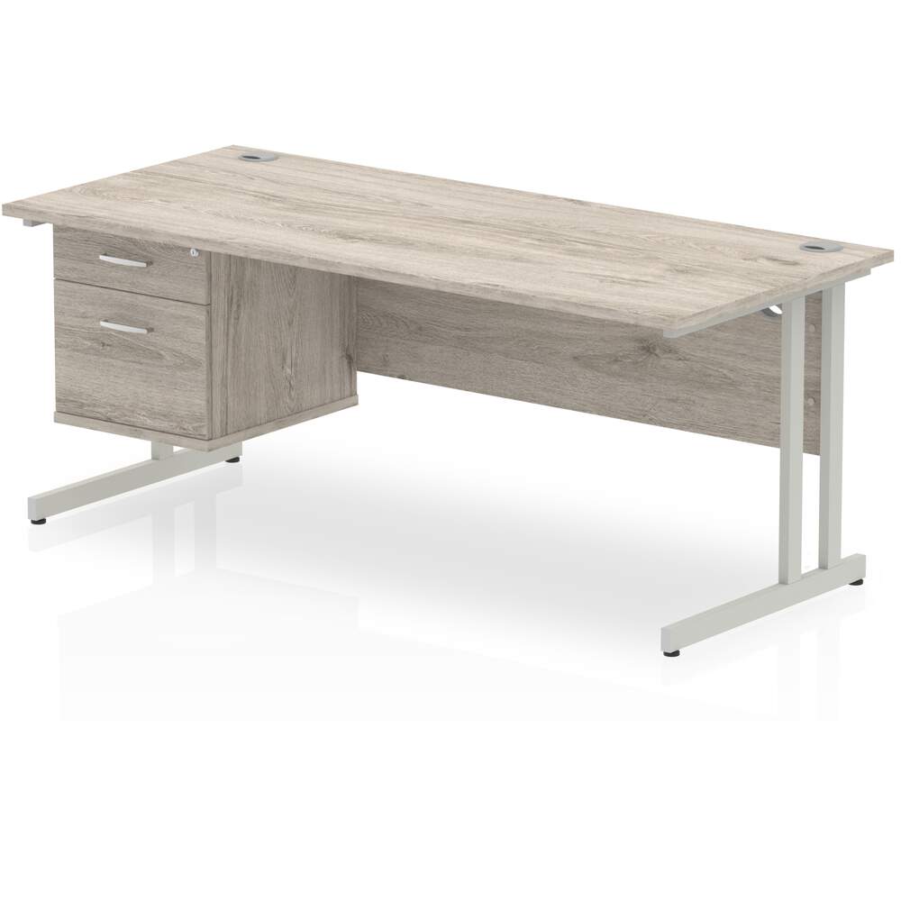 Impulse 1800 x 800mm Straight Desk Grey Oak Top Silver Cantilever Leg 1 x 2 Drawer Fixed Pedestal