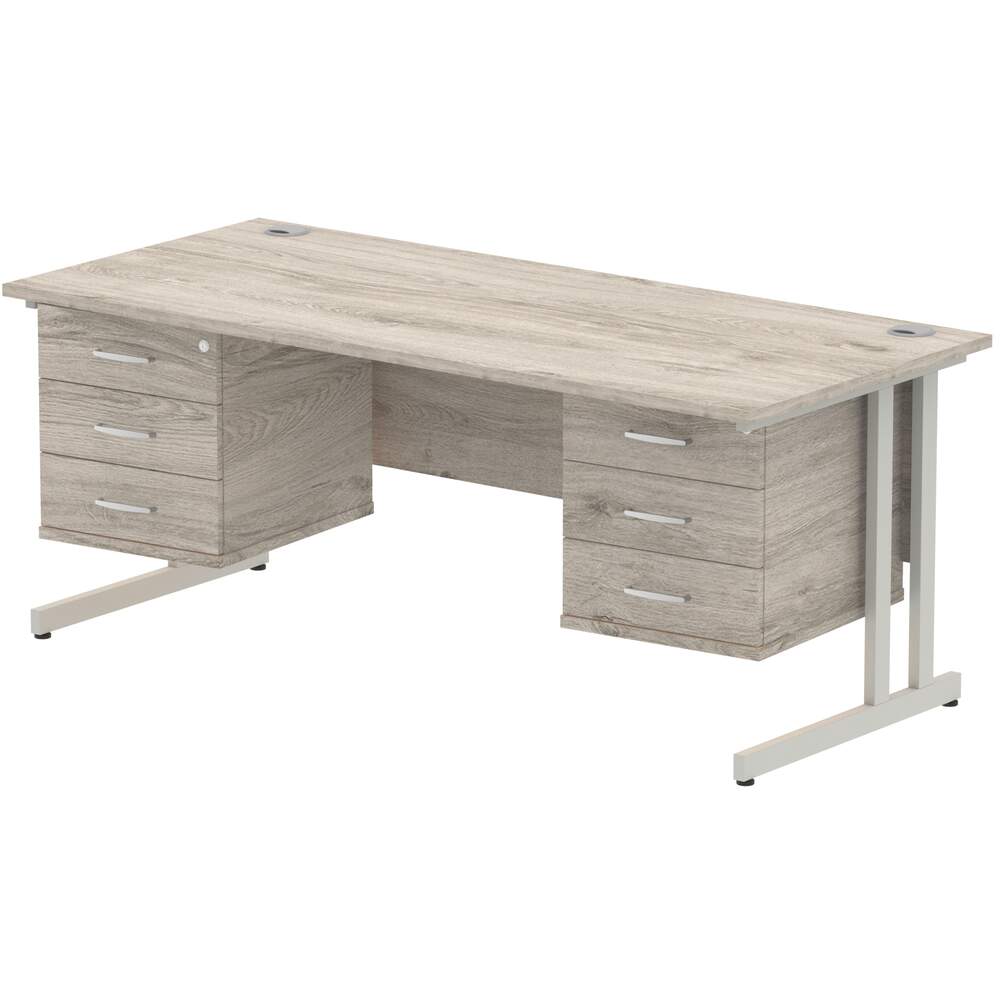 Impulse 1800 x 800mm Straight Desk Grey Oak Top Silver Cantilever Leg 2 x 3 Drawer Fixed Pedestal