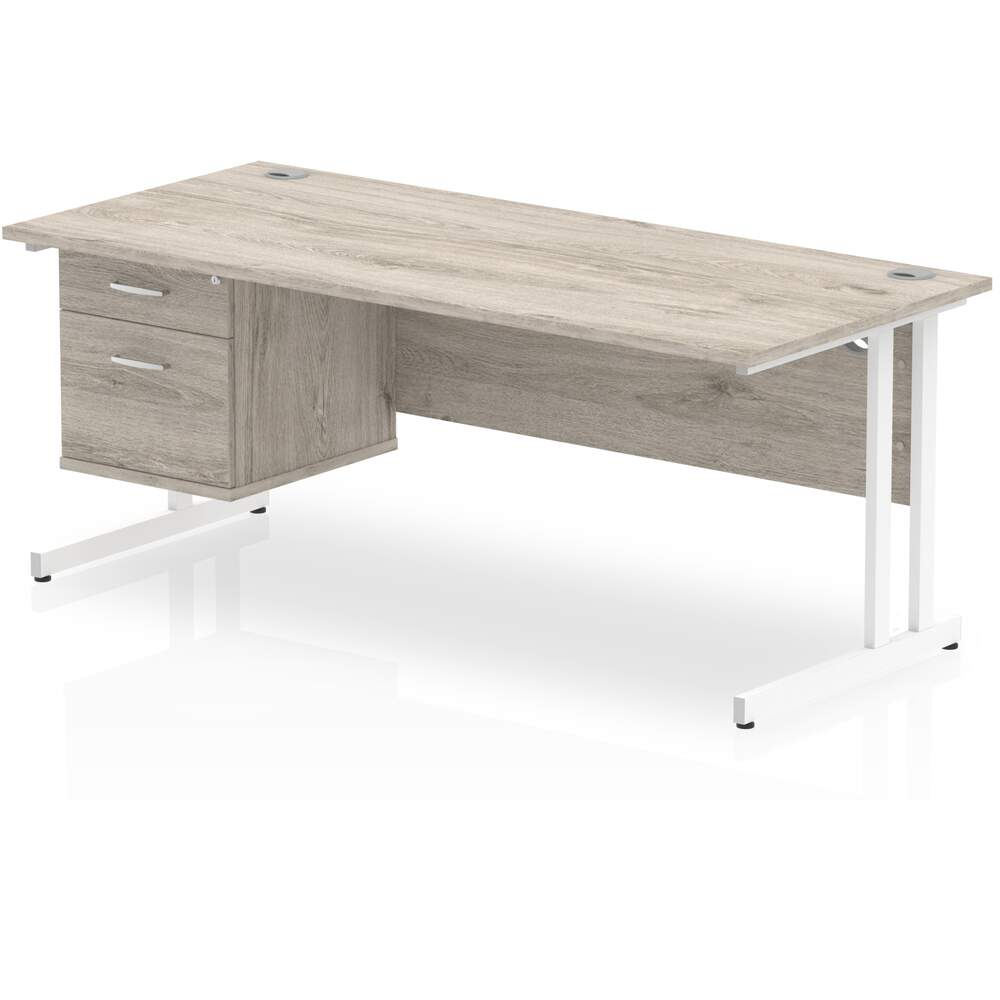 Impulse 1800 x 800mm Straight Desk Grey Oak Top White Cantilever Leg 1 x 2 Drawer Fixed Pedestal