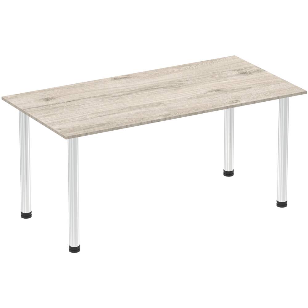 Impulse 1600mm Straight Table Grey Oak Top Chrome Post Leg