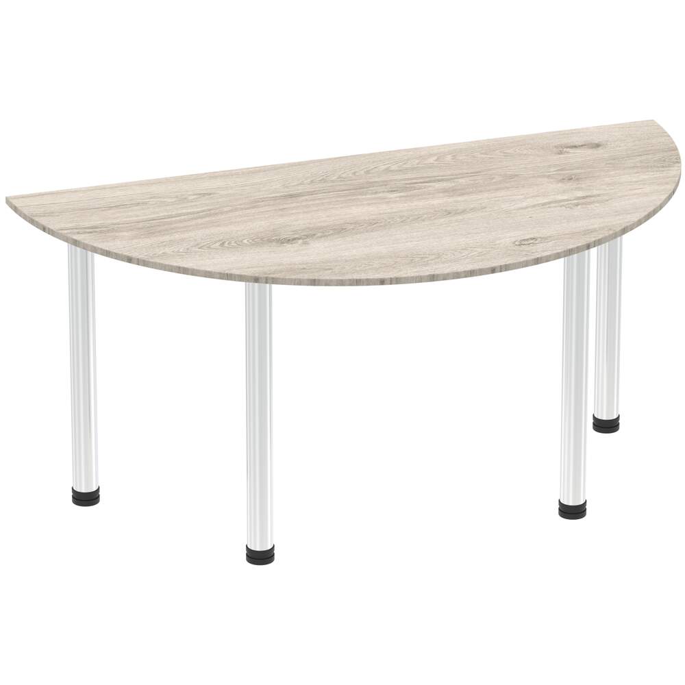Impulse 1600mm Semi-Circle Table Grey Oak Top Chrome Post Leg