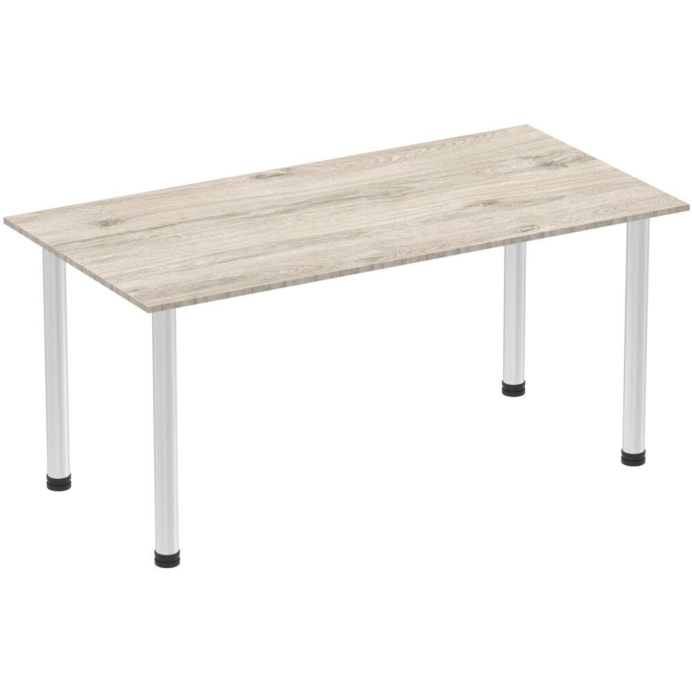 Impulse 1600mm Straight Table Grey Oak Top Brushed Aluminium Post Leg