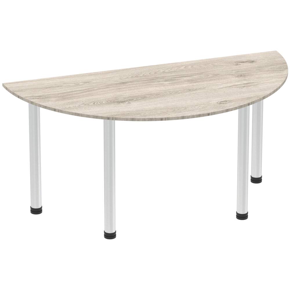 Impulse 1600mm Semi-Circle Table Grey Oak Top Brushed Aluminium Post Leg