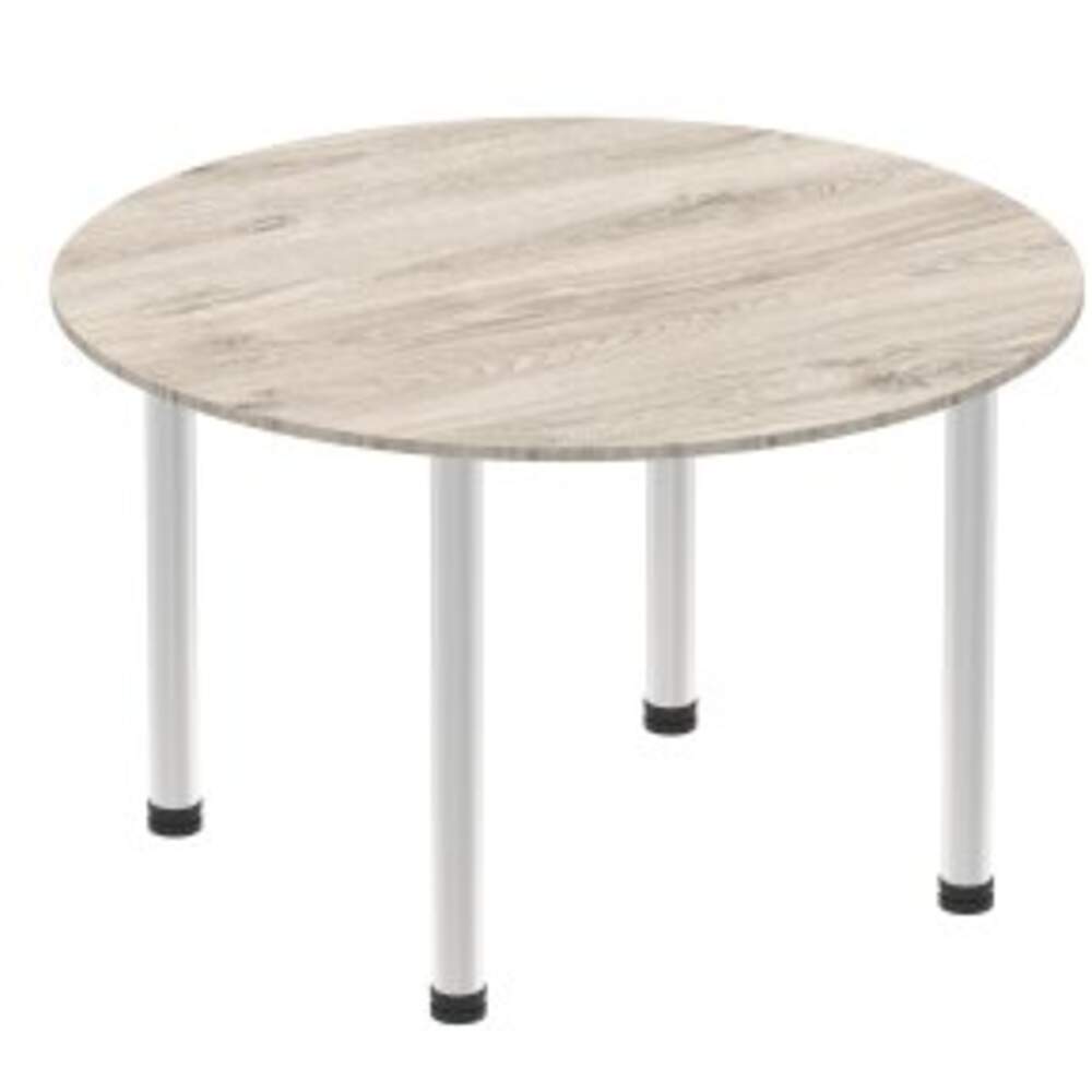 Impulse 1000mm Round Table Grey Oak Top Brushed Aluminium Post Leg