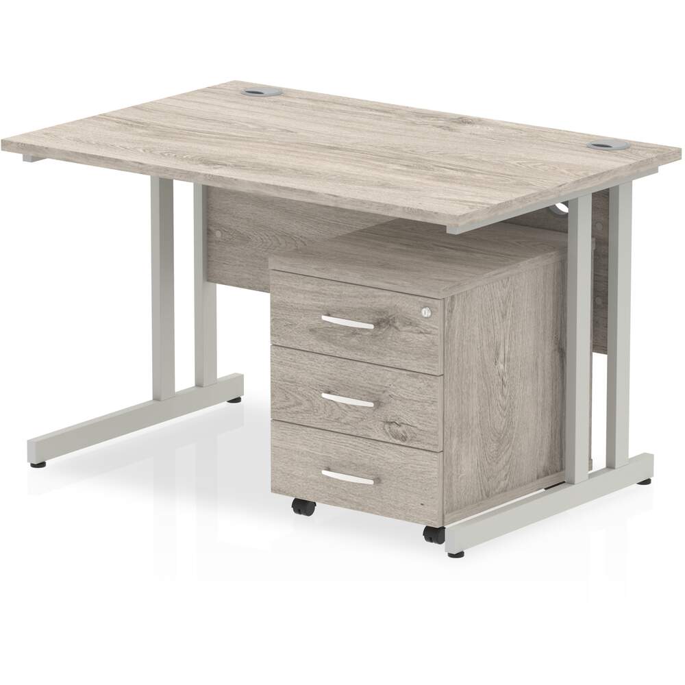 Impulse 1200 x 800mm Straight Desk Grey Oak Top White Cantilever Leg with 3 Drawer Mobile Pedestal Bundle