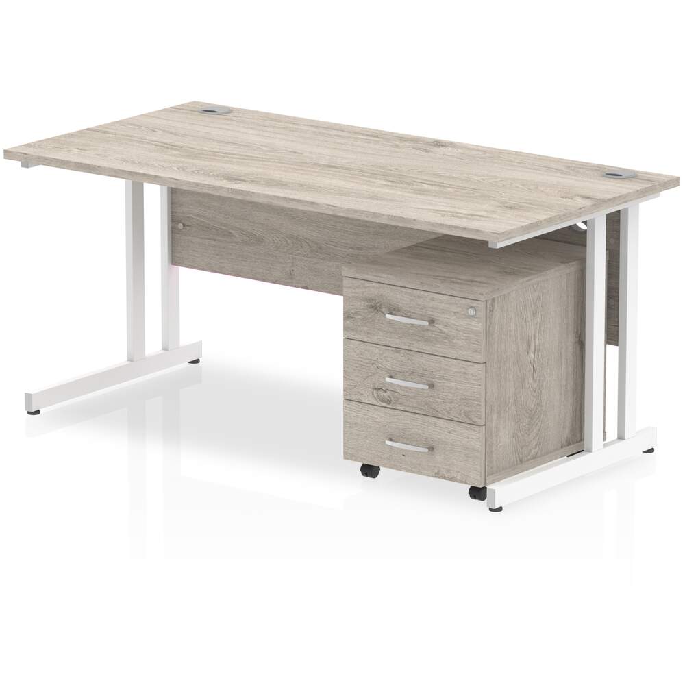 Impulse 1600 x 800mm Straight Desk Grey Oak Top White Cantilever Leg with 3 Drawer Mobile Pedestal