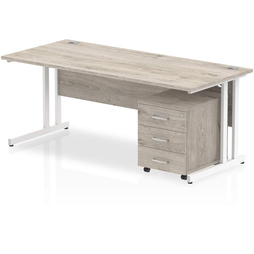 Impulse 1800 x 800mm Straight Desk Grey Oak Top White Cantilever Leg with 3 Drawer Mobile Pedestal