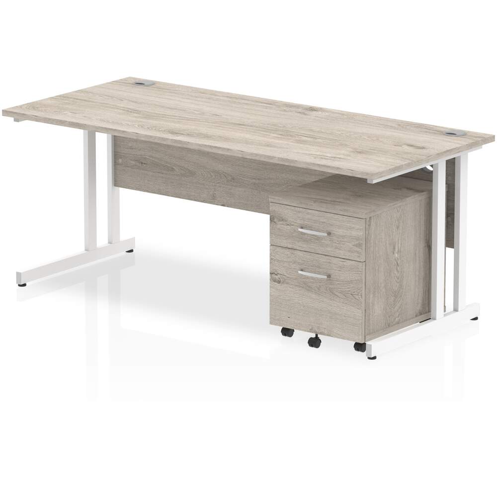 Impulse 1400 x 800mm Straight Desk Grey Oak Top White Cantilever Leg with 3 Drawer Mobile Pedestal Bundle