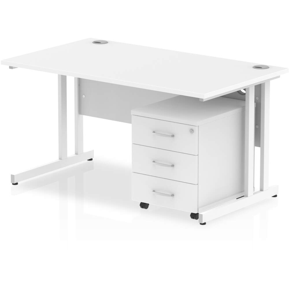 Impulse 1400 x 800mm Straight Desk White Top White Cantilever Leg with 3 Drawer Mobile Pedestal Bundle