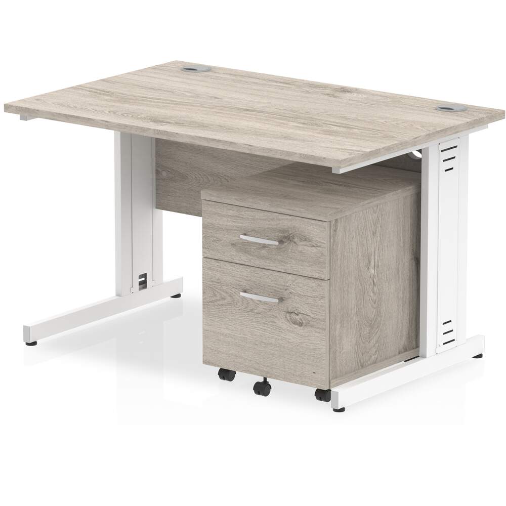 Impulse 1200 x 800mm Straight Desk Grey Oak Top White Cable Managed Leg with 2 Drawer Mobile Pedestal Bundle