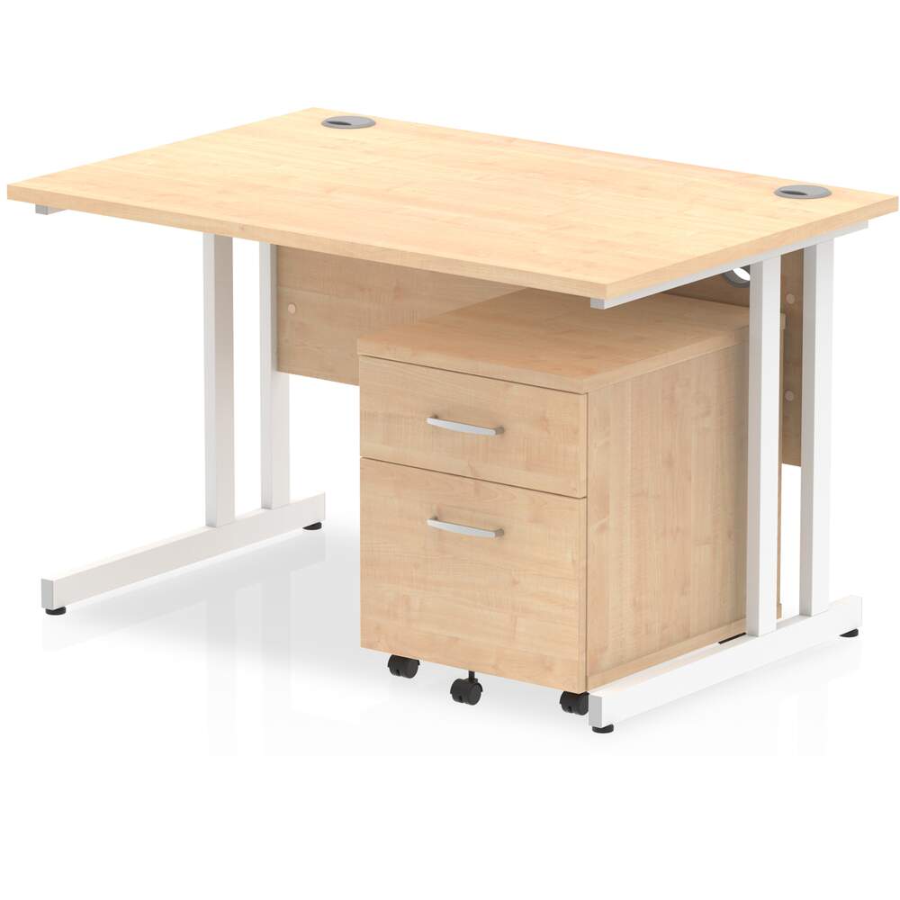 Impulse 1200 x 800mm Straight Desk Maple Top White Cantilever Leg with 2 Drawer Mobile Pedestal Bundle