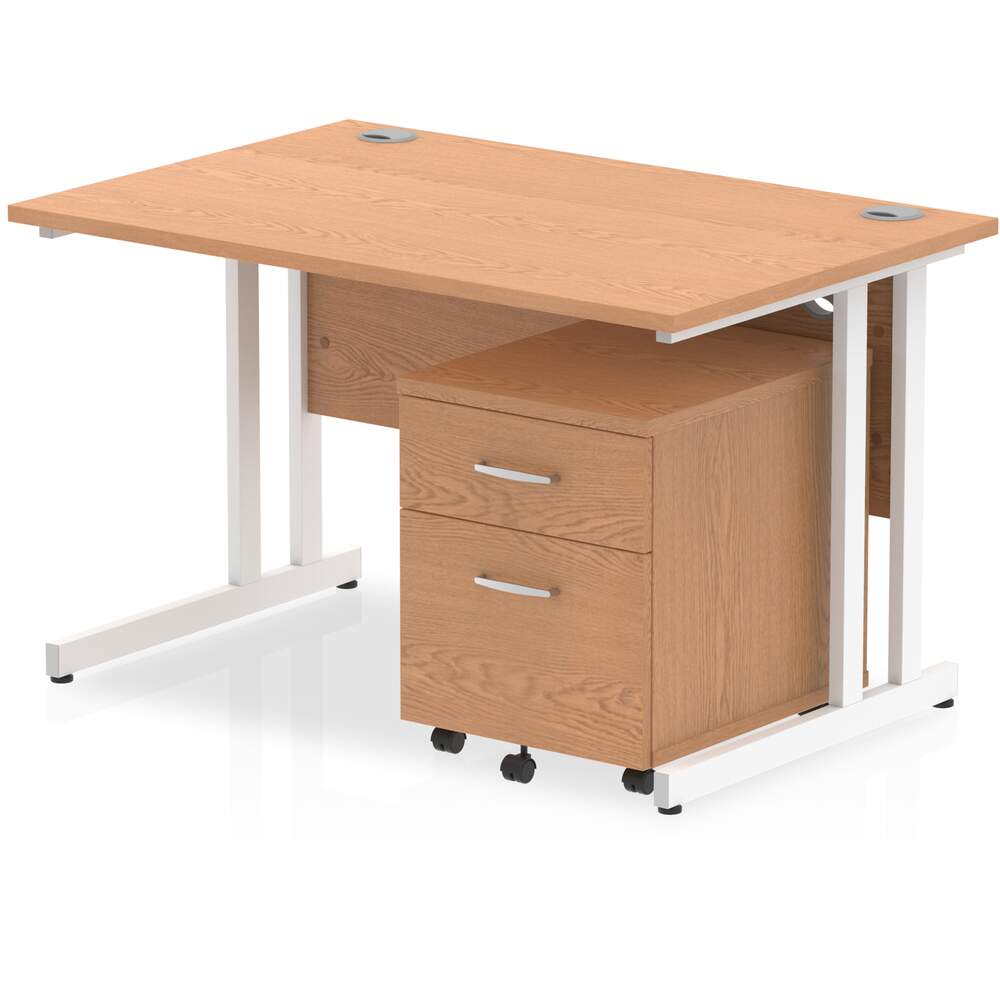 Impulse 1200 x 800mm Straight Desk Oak Top White Cantilever Leg with 2 Drawer Mobile Pedestal Bundle