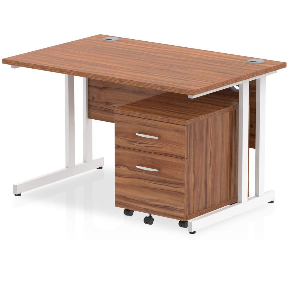 Impulse 1200 x 800mm Straight Desk Walnut Top White Cantilever Leg with 2 Drawer Mobile Pedestal Bundle