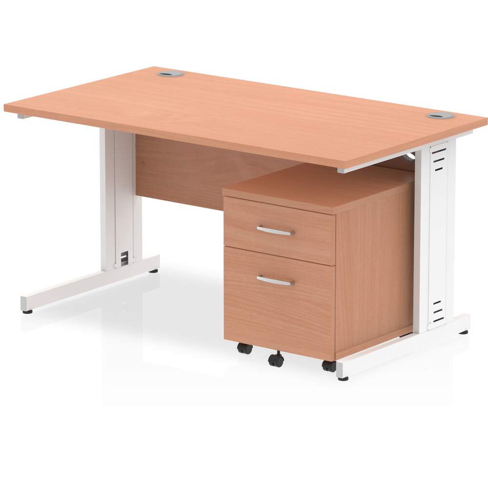 Impulse 1400 x 800mm Straight Desk Beech Top White Cable Managed Leg with 2 Drawer Mobile Pedestal Bundle