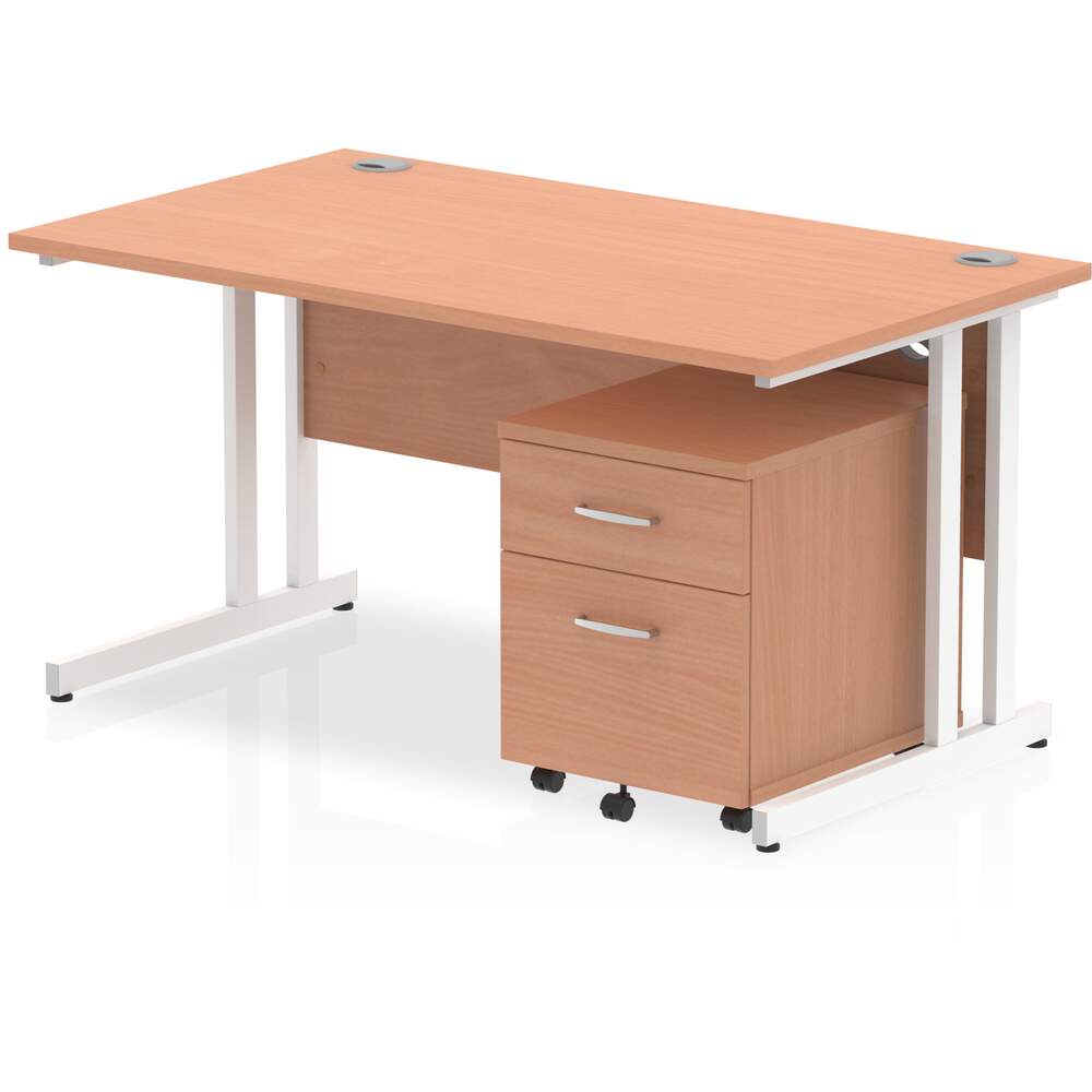 Impulse 1400 x 800mm Straight Desk Beech Top White Cantilever Leg with 2 Drawer Mobile Pedestal Bundle