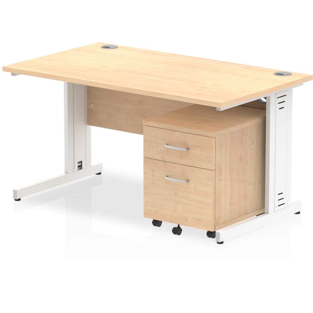 Impulse 1400 x 800mm Straight Desk Maple Top White Cable Managed Leg with 2 Drawer Mobile Pedestal Bundle