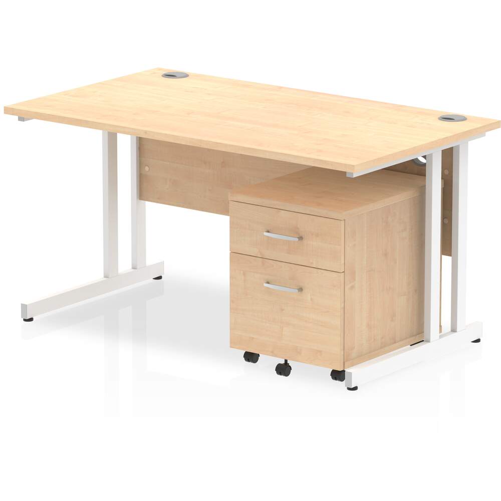 Impulse 1400 x 800mm Straight Desk Maple Top White Cantilever Leg with 2 Drawer Mobile Pedestal Bundle