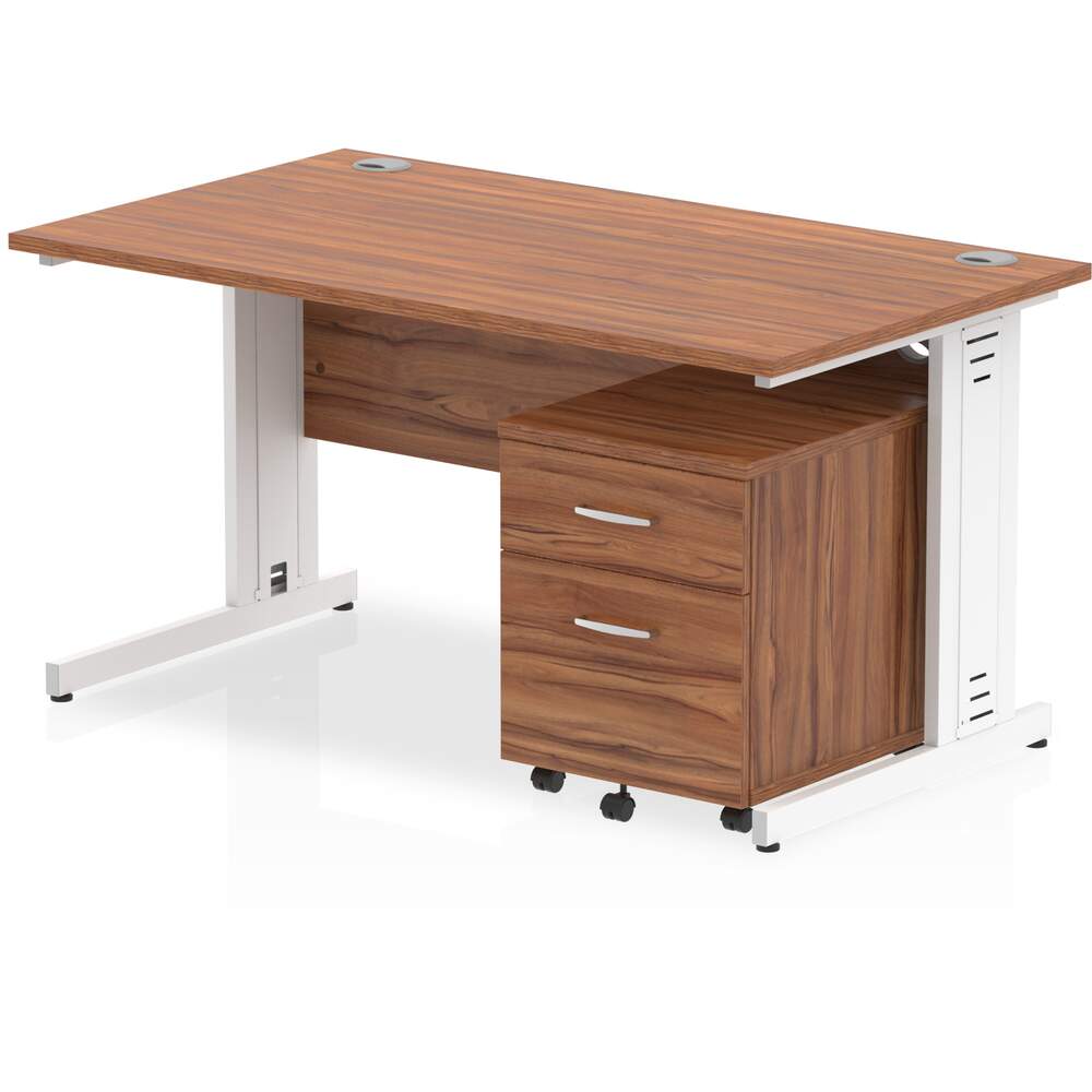 Impulse 1400 x 800mm Straight Desk Walnut Top White Cable Managed Leg with 2 Drawer Mobile Pedestal Bundle