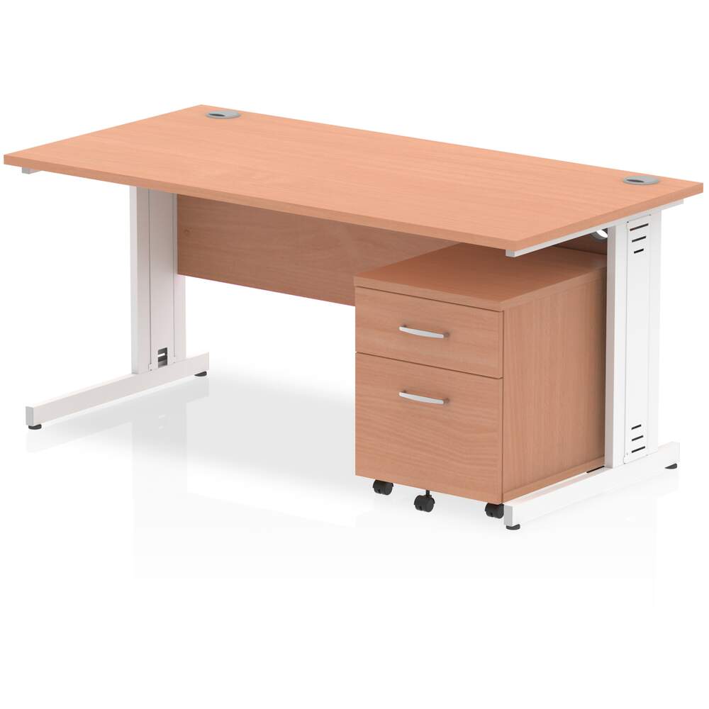 Impulse 1600 x 800mm Straight Desk Beech Top White Cable Managed Leg with 2 Drawer Mobile Pedestal